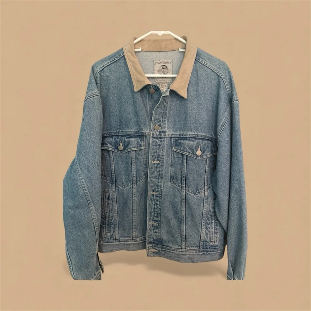 Vintage‎ 90s-Y2K Banana Republic Denim Jean Trucker Jacket*XL*Leather*Blue